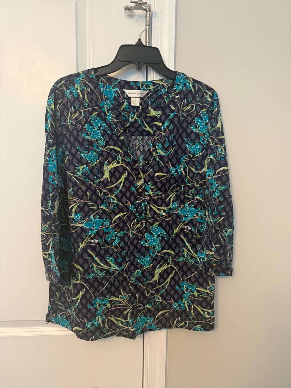 Christopher & Banks Navy Blue Floral V-Neck Blouse